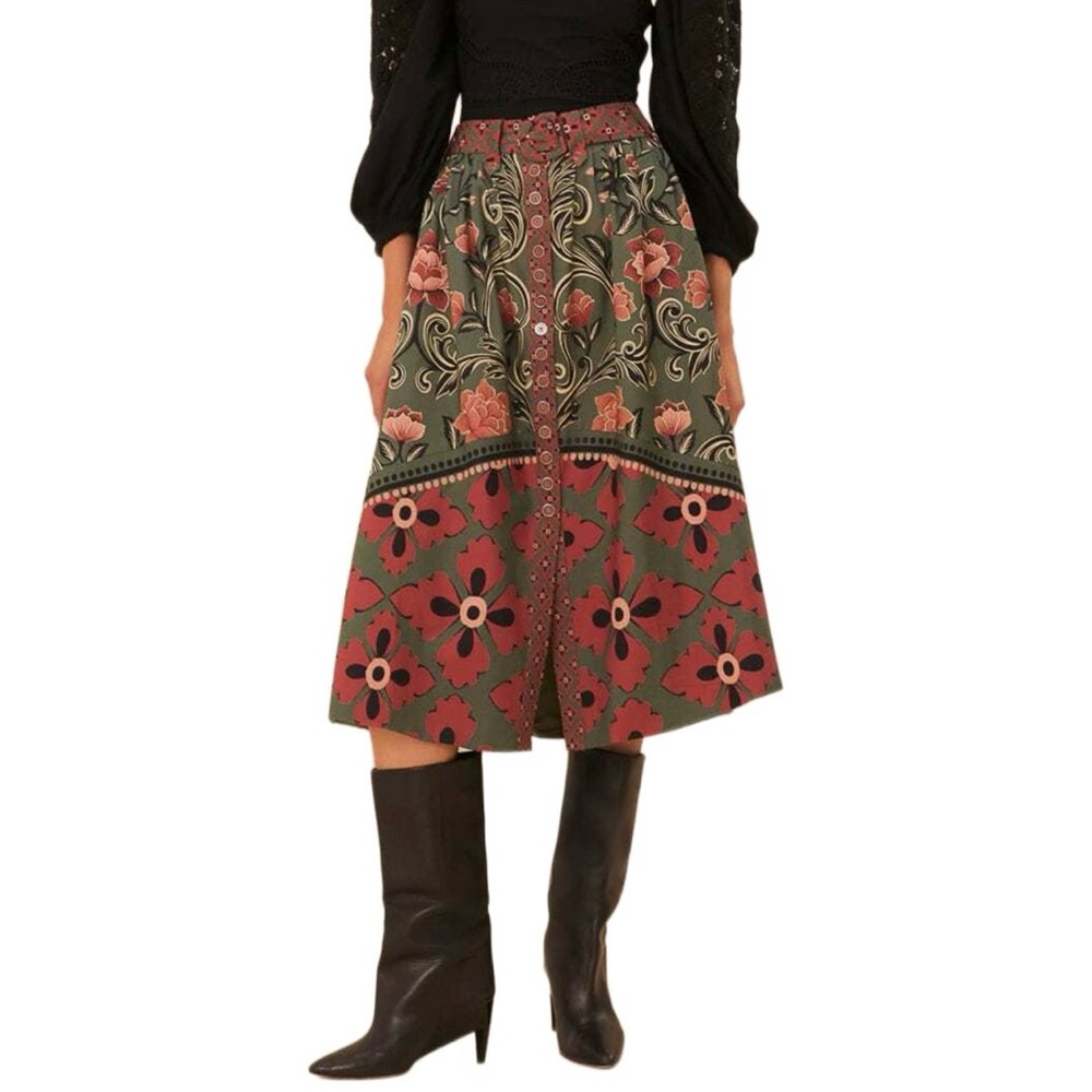Farm Rio Arabesque Floral Green Button Front Midi Skirt – XXS – NWT